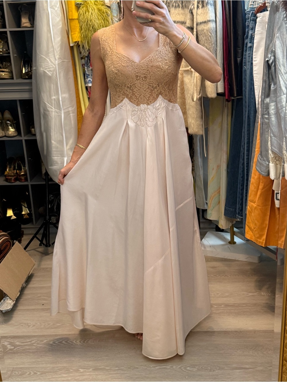 Vintage 1940s Blush Pink Lace Rayon Satin Nightgown Lingerie Gown